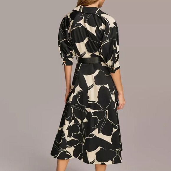 Donna Karan Printed 3/4 Sleeve Notch Collar Belted Side Pocket A-Line Midi Dress - Picture 2 of 2